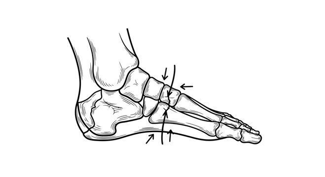 Human Foot Anatomy Bone Structure Vector Illustration Showing Midfoot Joint Pain and Compression Points in Medical Line Art Style