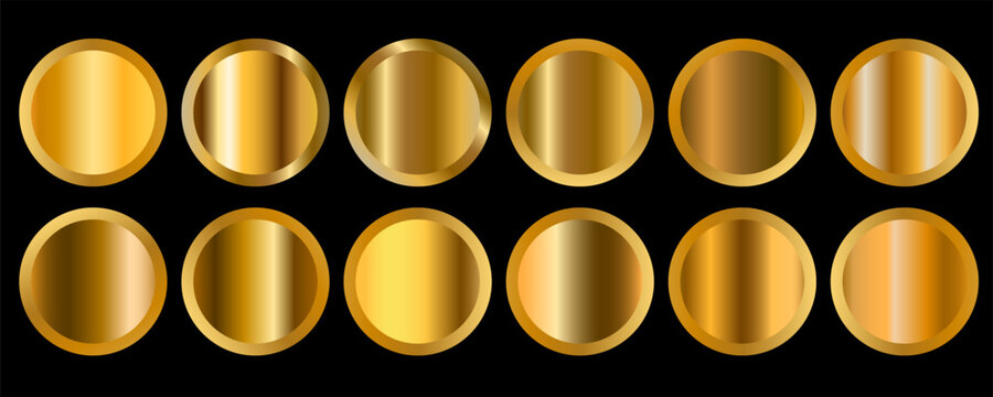 Golden gradients set. Round Circle badge Metallic gold gradients. Elegant gold swatch palette collection. A creative element for your design or logo banner and medal