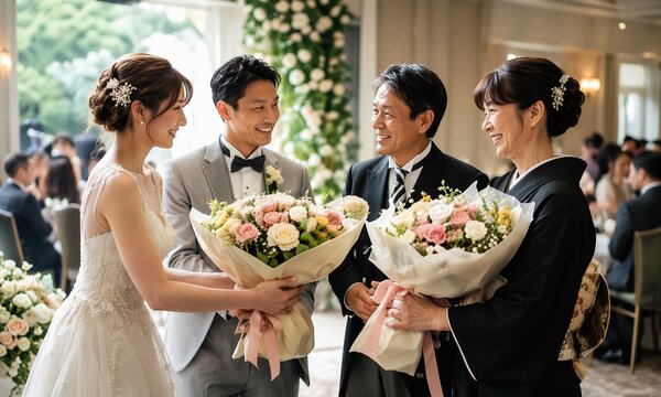 新郎新婦と両親が花束を手に笑顔で並ぶ結婚式の感動的な贈呈シーン