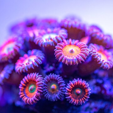 closeup of bioluminescent zoanthid coral polyps in vibrant neon purple, blue and orange shades, marine aquarium photography, aquatic life detail