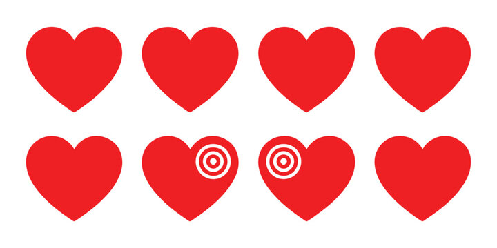 Set of eight red hearts in two rows, four simple hearts and two with a target icon inside heart.