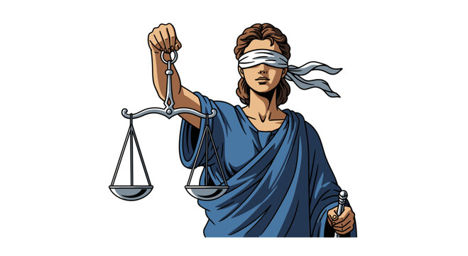 Lady Justice Scales Vector Illustration, Blindfolded Goddess of Law Holding Balance Scales, Legal Concept Graphic for Courtroom and Judiciary Themes