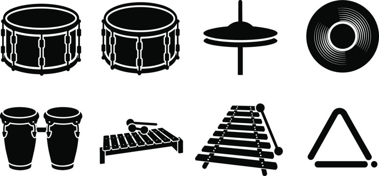 Percussion musical instruments silhouette vector icon set featuring snare drum cymbal vinyl record conga xylophone marimba and triangle isolated on white background