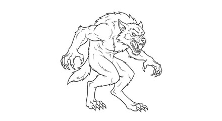 Fototapeta premium Fierce Werewolf Creature Vector Illustration, Aggressive Wolf Man Monster in Action Pose, Detailed Fantasy Beast Line Art Graphic for Horror and Halloween Design Projects