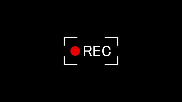 Records icon white text red circle blinking on black background.  rec text recording sign overlay. camera streaming recorder frame loop. 4K video.
