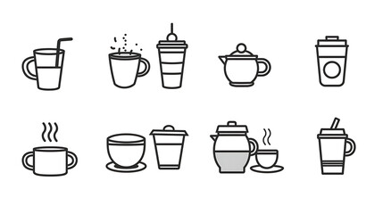 Obraz premium Minimalist line art coffee and tea icon set for cafe menu design and UI web layouts.