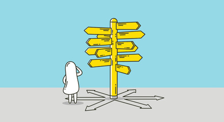 A cartoon character stands at a crossroads. © NOXY 