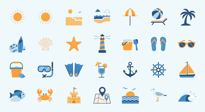 Collection of beach icons and symbols.