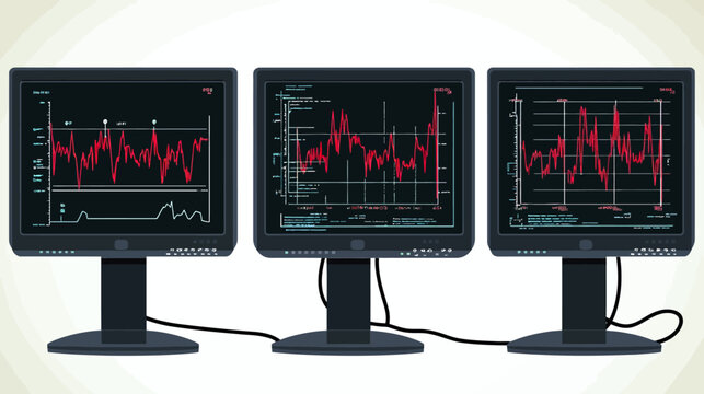 Three dark computer monitors display fluctuating red graphs on a black background, connected with cables