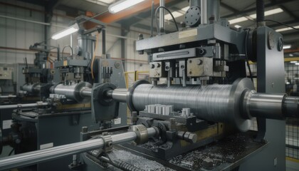 Obraz premium Dynamic medium shot capturing alloy steel wire fed into multidie heading machines forming durable bolt blanks with precision and efficiency in an industrial production line.