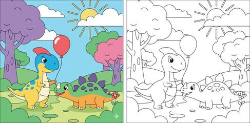 Cute Cartoon Dinosaurs with Balloon in a Sunny Park - Playful Dino Friendship Illustration © Dewan