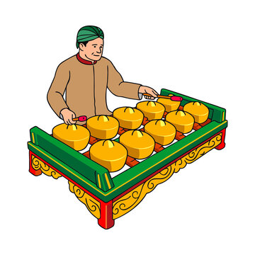 Illustrative depiction of an Indonesian musician skillfully playing a Gamelan bonang, highlighting the vibrant sounds and rich cultural heritage of traditional Javanese music