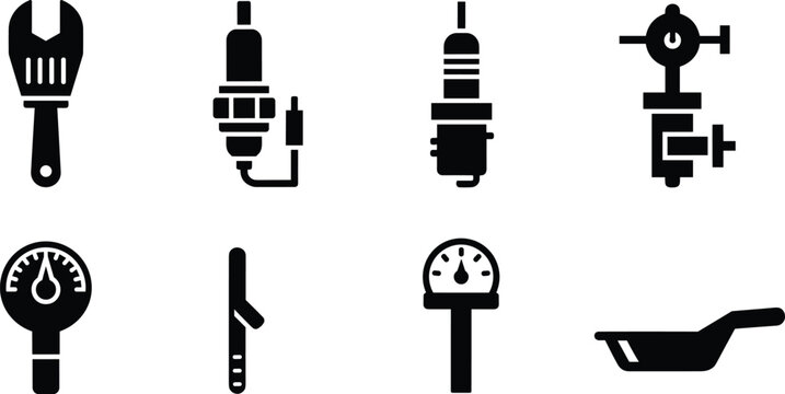 automotive tools and engine parts silhouette vector set featuring wrench spark plug ignition coil pressure gauge dipstick and oil pan icons isolated on white background