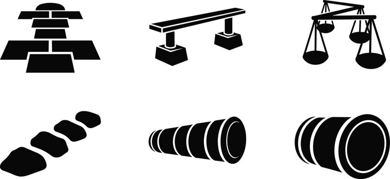 construction and industrial silhouette vector set featuring worker hard hat beam supports scales footprints pipes and tunnel icons isolated on white background