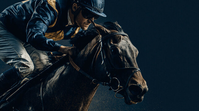 Moment of Conquest: A jockey in full gear, astride a powerful steed, charges forward with unwavering determination, embodying the raw energy of competitive horse racing.