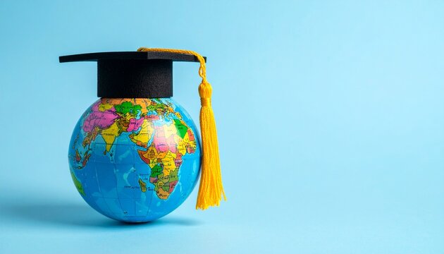 "A symbolic educational artwork featuring a small globe placed against a plain light blue background. Resting on top of the globe is a black graduation cap with a yellow tassel. The continents of Afri