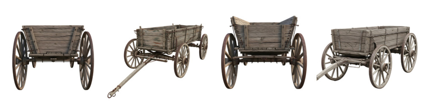 Antique Wooden Horse-Drawn Wagon Collection Isolated on White Background - Rustic Vintage Farm Cart, Western Pioneer Carriage, and Historical Transportation Design Set