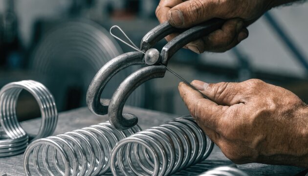 Detailfocused footage of looped ends being shaped on extension springs emphasizing gentle bending and careful alignment with hand tools.