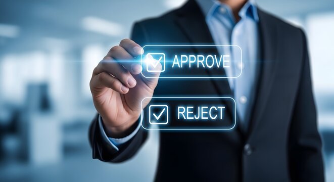 Business decision approving or rejecting with a digital hand and glowing options