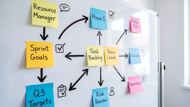 Agile project management whiteboard with sticky notes showing sprint goals, task backlog, resource manager, team leads, risk review, and quarterly targets