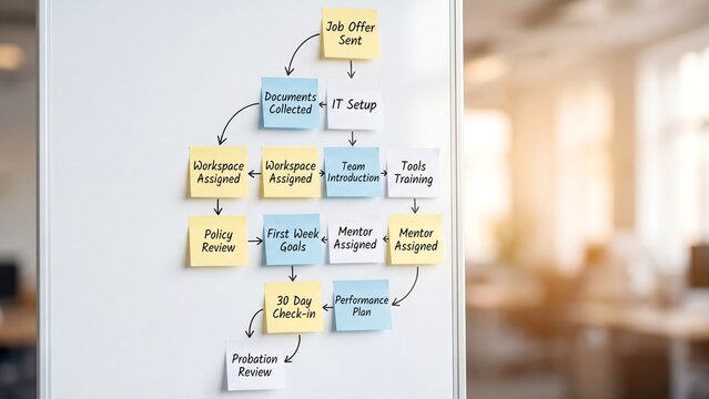  Employee onboarding workflow mapped on whiteboard with sticky notes showing orientation steps from job offer through probation review and performance planning