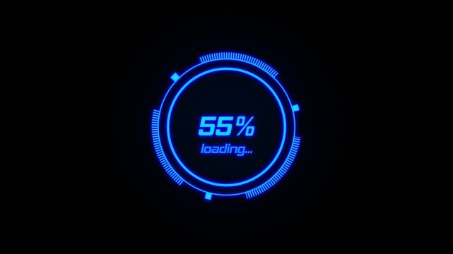 Futuristic Circular Loading Animation 100 Percent HUD Progress Indicator on Dark Background