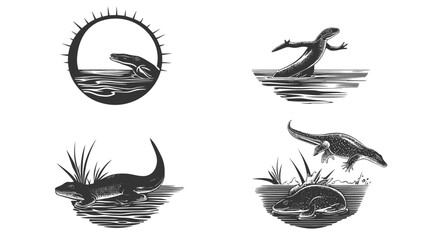 Fototapeta premium A collection of black and white illustrations featuring stylized amphibian-like creatures in various aquatic scenes