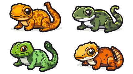 Obraz premium Four stylized cartoon lizards, each with different colors and patterns, are shown on a white background