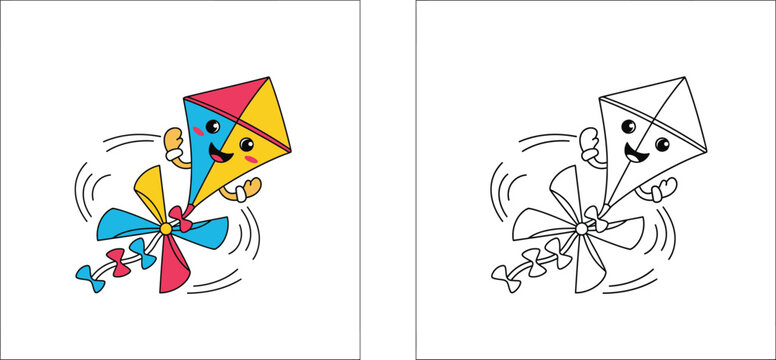 Cute kawaii flying kite cartoon character with smiling face and spinning pinwheel tail vector illustration