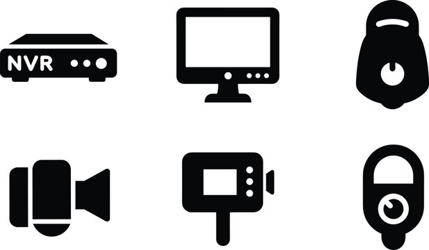 security surveillance system silhouette vector set featuring nvr monitor camera cctv cam recorder and smart lock icons isolated on white background