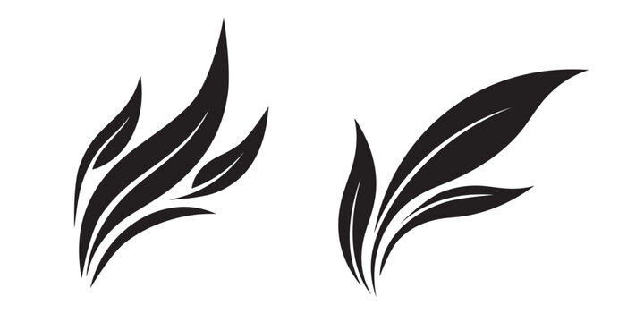 Two abstract black leaf design elements with black and white leaf outline organic shape stylized leaf modern design