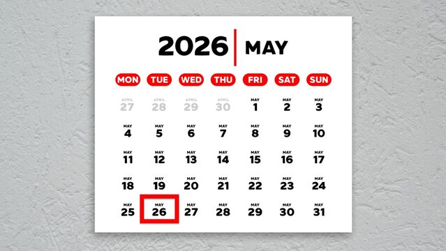 The date May 26th marked with a red cursor on a wall calendar 2026