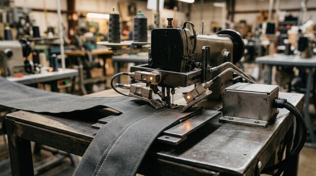 Closeup medium shot of a seaming station equipped with force sensors actively measuring pressure applied to maintain optimal seam strength during production.