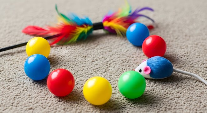Colorful beach balls arranged in a creative outdoor display with a rainbow stick.