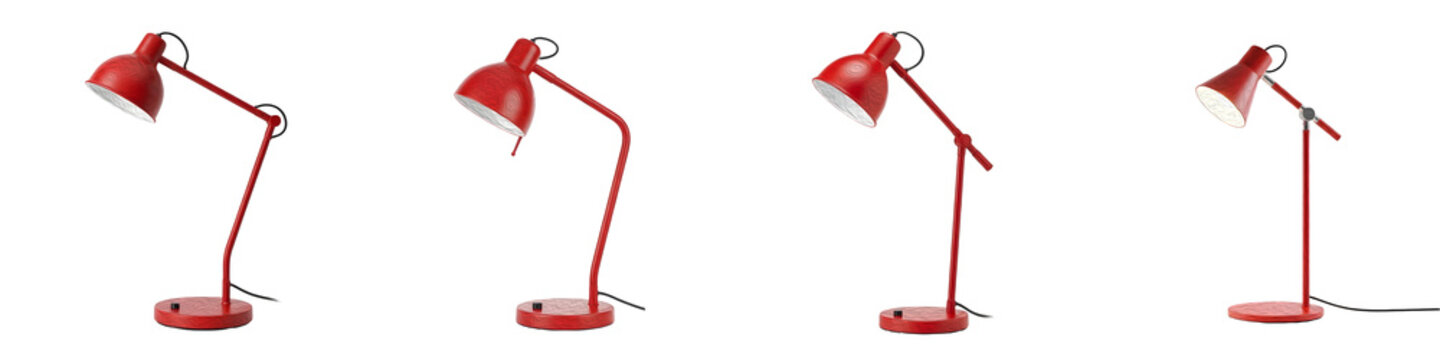 Modern Red Adjustable Desk Lamps Set Isolated on White Background - Professional Office Task Lighting, Classic Architect Table Lamp, and Study Room Interior Design Concept