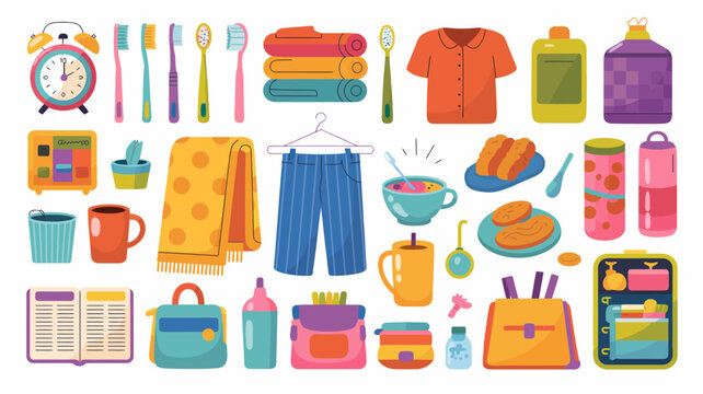 A colorful collection of everyday items is displayed including toiletries clothing food and household objects neatly arranged on a white background high quality professional detailed modern