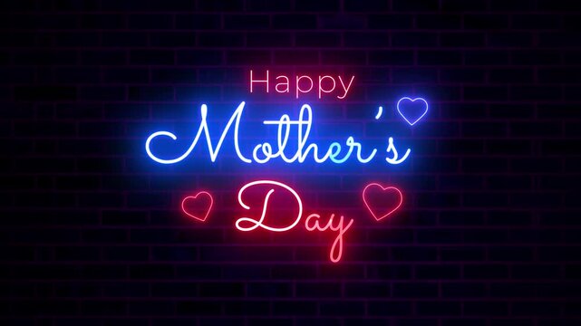 Happy Mother&rsquo;s Day Neon Sign Animation with Hearts on Brick Wall Background