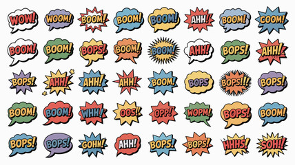A vibrant collection of comic book speech bubbles and explosion effects fills the frame showcasing dynamic onomatopoeia in various colors high quality professional detailed modern elegant © Roxxxxxxxxx