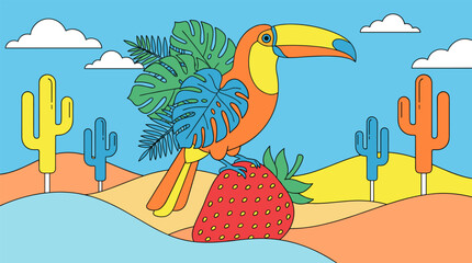 Obraz premium Tropical Toucan Perched On Giant Strawberry Pop Surrealism Flat Illustration With Bold Outlines