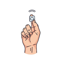 Fototapeta premium Hand holding smart ring, wearable technology, finger gesture, wireless connection