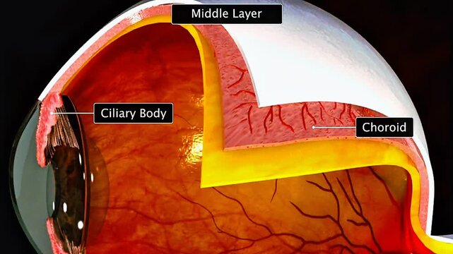 3D animation showing middle layer of human eye including iris, ciliary body, and choroid.