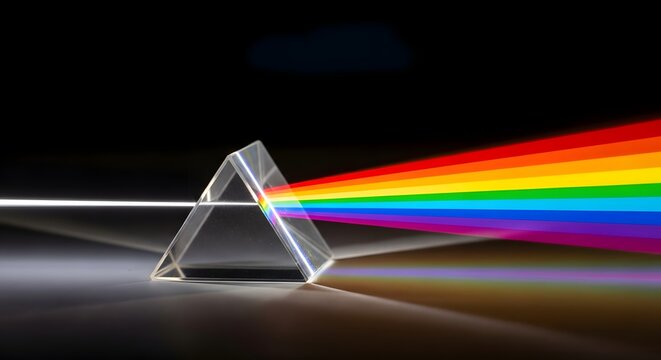 Light refraction through a triangular prism creating a spectrum of colors