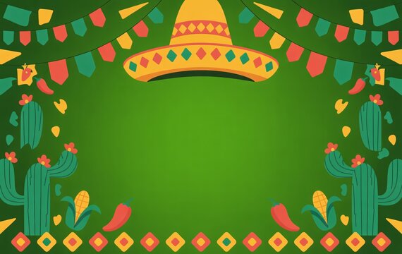Colorful sombrero garland border on vibrant green background for fiesta celebration.