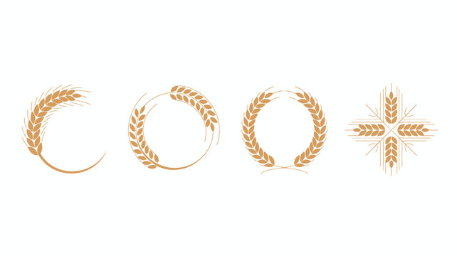 An assortment of wheat stalks and ears are arranged in circular and cross shapes presented in a minimalist golden style high quality professional detailed modern elegant