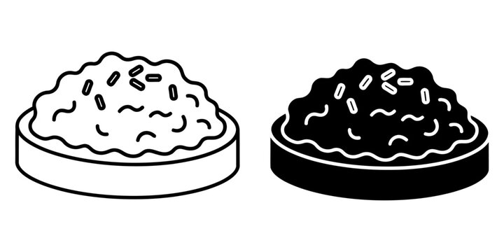 Cooked rice icon set featuring linear and glyph styles of bowl filled with fluffy white grains of basmati or jasmine variety for asian cuisine symbol graphic design projects and restaurant menu decor.