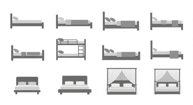 A comprehensive set of bed vector icons for bedroom interior design. The collection features various types of beds, including single, double, king-size, bunk beds, and canopy beds, shown from side.