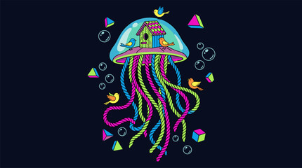 Giant Floating Jellyfish Carrying Birdhouse Pop Surrealism Flat Illustration with Bold Outlines