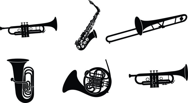 brass and woodwind instruments silhouette vector set featuring trumpet saxophone trombone tuba french horn and jazz band icons isolated on white background