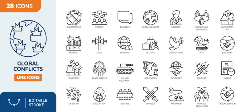 global conflicts icon set. Outline icons collection. Editable stroke. Vector illustration