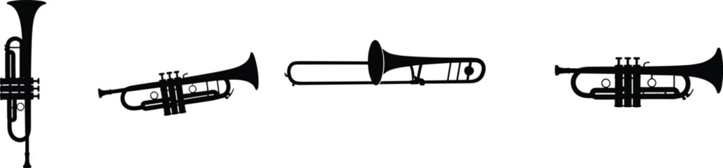 brass instruments silhouette vector set featuring trumpet trombone and brass horn icons isolated on white background © SADDAM